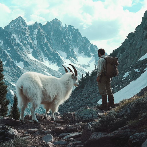 A Moment of Majesty: Hiker Meets Mountain Goat in Breathtaking Landscape