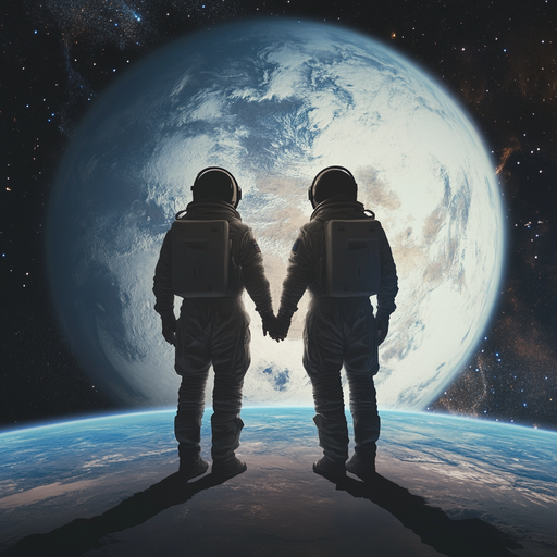 Two Astronauts Share a Moment of Wonder Under a Distant Moon