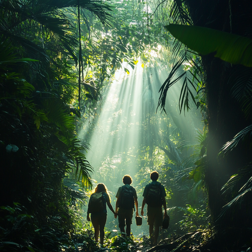 Sunbeams Dance Through the Jungle, Guiding Three Figures into the Unknown