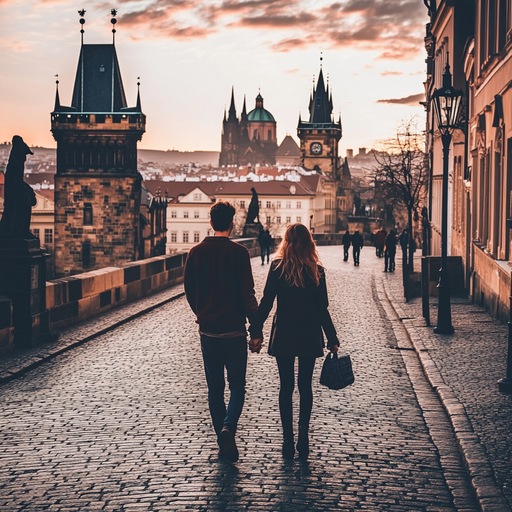 Prague Sunset Romance: A Couple’s Silhouette Against the Charles Bridge