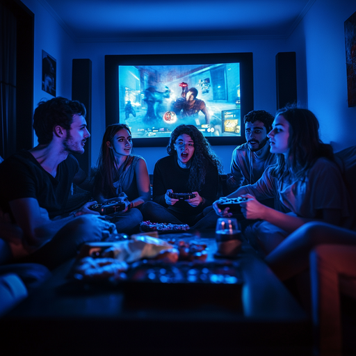 Blue Light, High Stakes: Friends Gather for an Intense Gaming Session