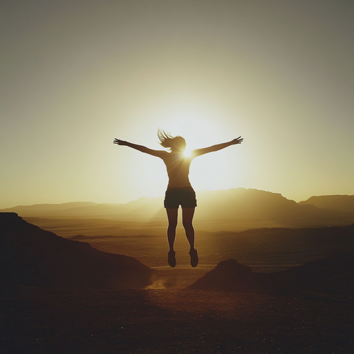 Silhouetted Joy: A Woman Embraces Freedom Against the Setting Sun