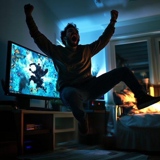 Victory Dance! Gamer Celebrates Triumph in Dimly Lit Living Room