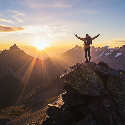 Sunrise Triumph: A Hiker’s Silhouette Against a Breathtaking Mountain Panorama