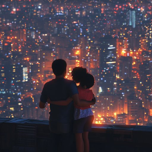 A Moment of Serenity: Couple Embraces City Skyline at Night