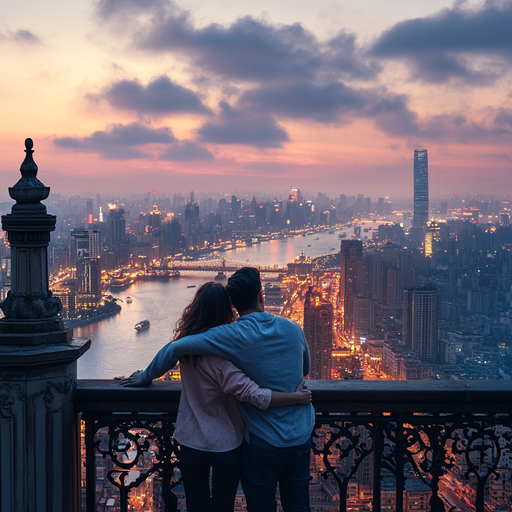 Silhouettes of Love Against the Sunset Cityscape