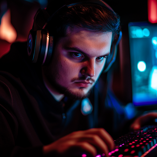 Lost in the Game: A Young Man’s Intense Focus Under Neon Lights