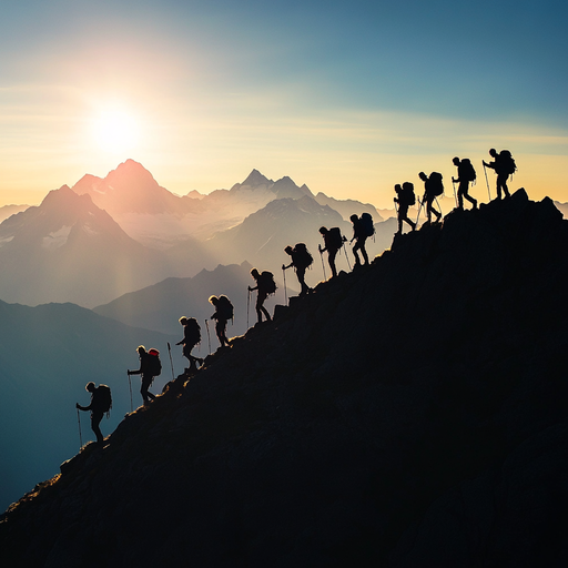 Silhouettes of Determination: Hikers Conquer the Sunset