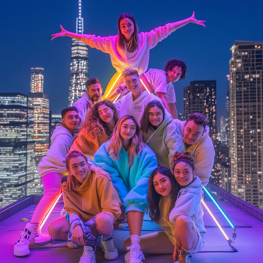 City Lights, Neon Dreams: Friends Celebrate on Rooftop