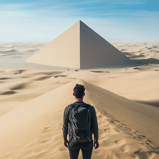 Lost in the Sands of Time: A Solitary Figure Contemplates a Desert Pyramid