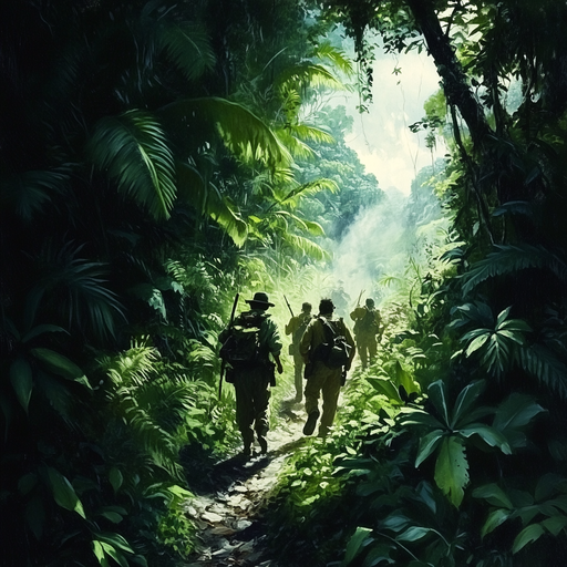 Into the Green Unknown: Soldiers Venture Through a Sun-Dappled Jungle