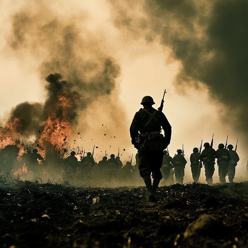 Marching into the Inferno: Soldiers Silhouetted Against a Fiery Battlefield