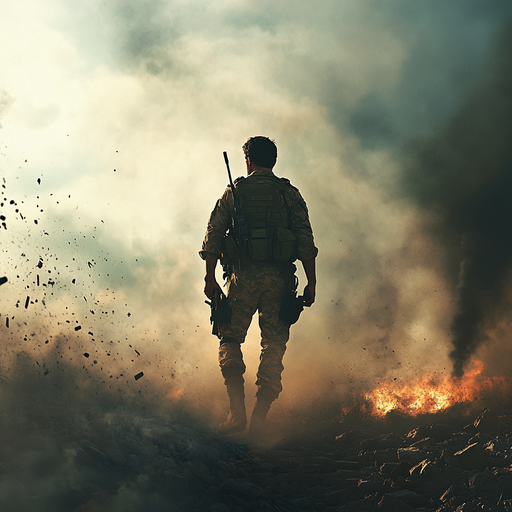 Silhouette of Courage: Soldier Walks into the Heart of the Fire