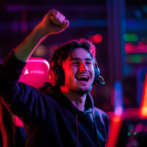 Victory Dance in Neon Lights: Gamer Celebrates in Style