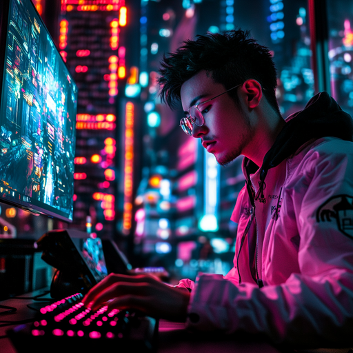 Cyberpunk City Lights: A Focused Hacker at Work