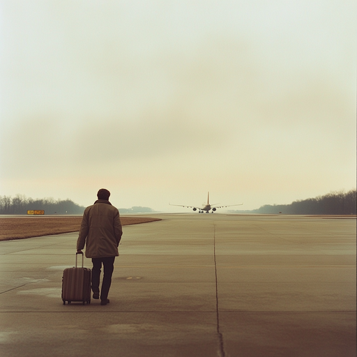 A solitary figure walks towards the unknown, a suitcase and a hopeful heart in tow.