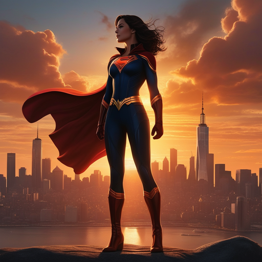 Superheroine Silhouetted Against a Sunset Sky