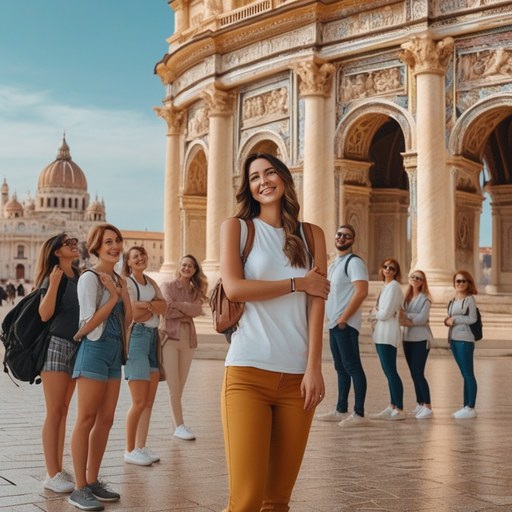 Friends Embracing Adventure Before a Majestic Facade