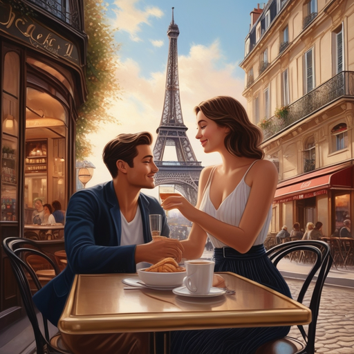 Parisian Romance: Couple Enjoys Drinks and Dessert with Eiffel Tower View