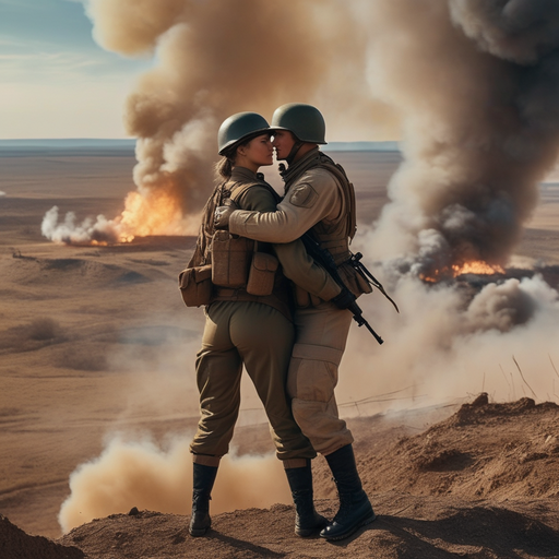 Love Amidst the Ashes: A Couple’s Embrace on a Battlefield