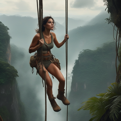 Suspended in Wonder: A Young Woman Contemplates the Misty Jungle Canyon