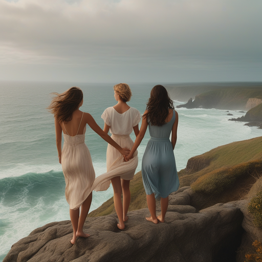 Three Women on a Cliff, Gazing at a Stormy Sea