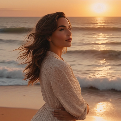 Golden Hour Serenity: A Woman Embraces the Ocean’s Embrace