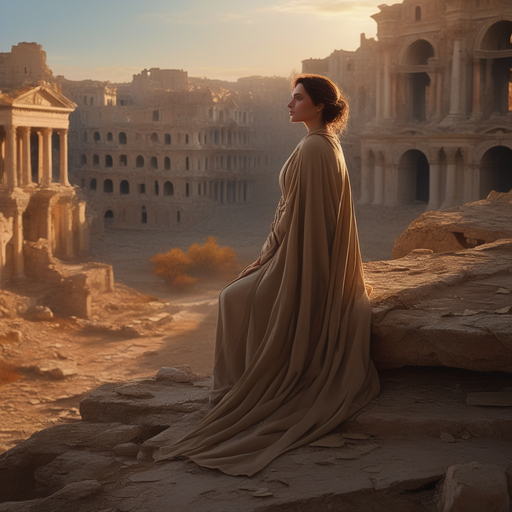 Silhouettes of Solitude: A Woman Contemplates Ruins in Golden Light