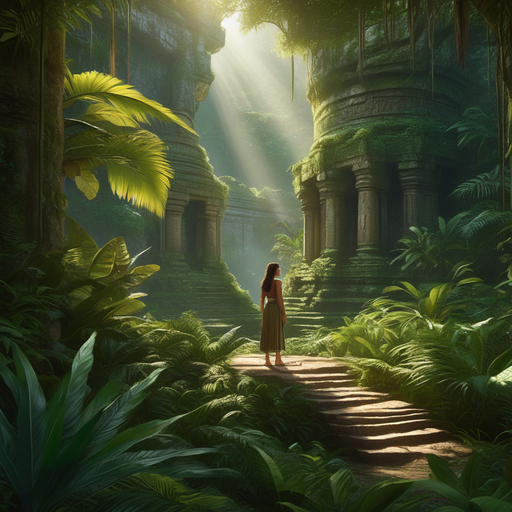 Mystical Journey: A Woman Steps into the Sunlit Ruins