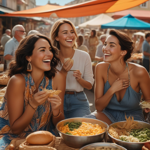 Laughter and Light: Friends Enjoying a Vibrant Street Market