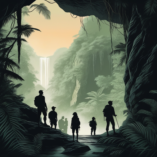 Silhouettes of Adventure: Hikers Gaze Upon a Hidden Waterfall