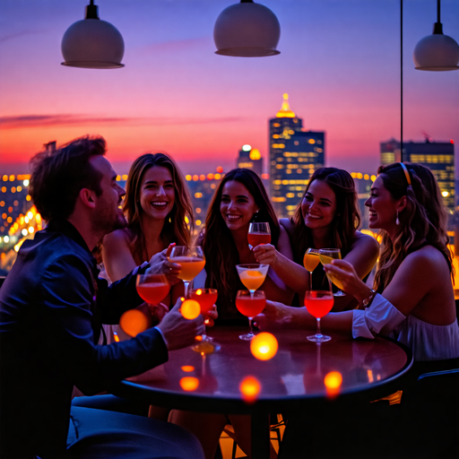 Golden Hour Cheers: Friends Toast to Life on a Rooftop Oasis