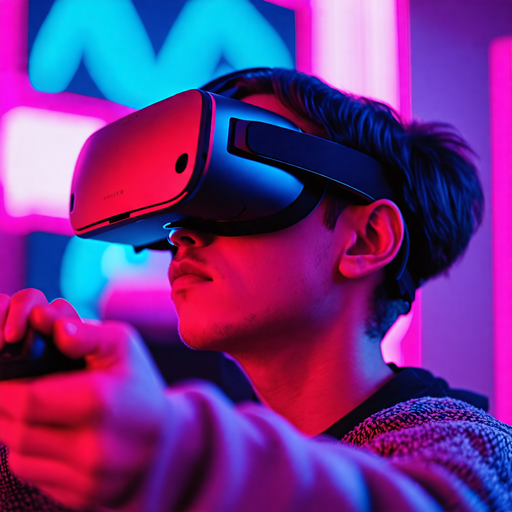 Lost in the Neon Glow: A Young Man’s Immersive VR Journey