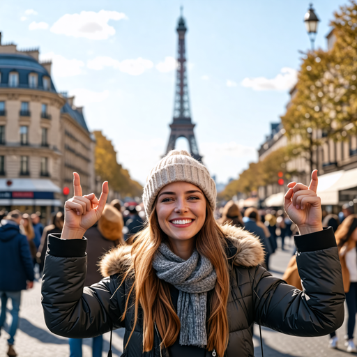 Parisian Joy: A Woman Celebrates the Eiffel Tower