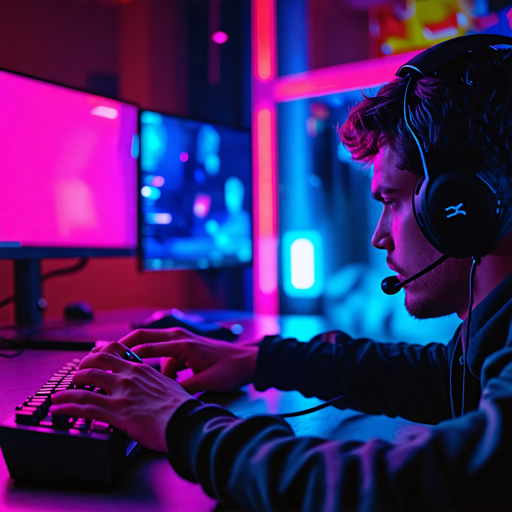 Lost in the Digital Realm: A Gamer’s Focus Under Neon Lights