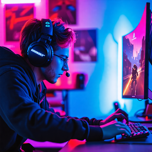 Immersed in the Game: A Gamer’s Focus Under Neon Lights