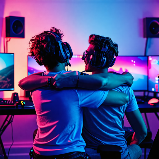 Victory Dance: Friends Celebrate a Gaming Triumph in a Neon-Lit Arena