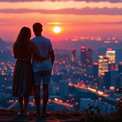 Silhouettes of Love Against a City Sunset