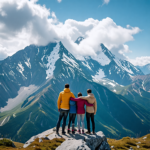 Tiny Figures Against a Majestic Mountain Range