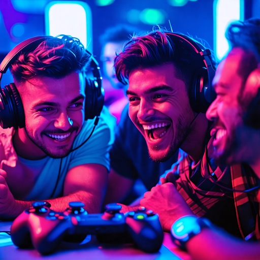 The Joy of Gaming: Three Friends Immersed in a World of Vibrant Lights and Laughter