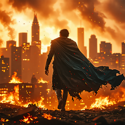 A Lone Figure Walks Away from the Burning City