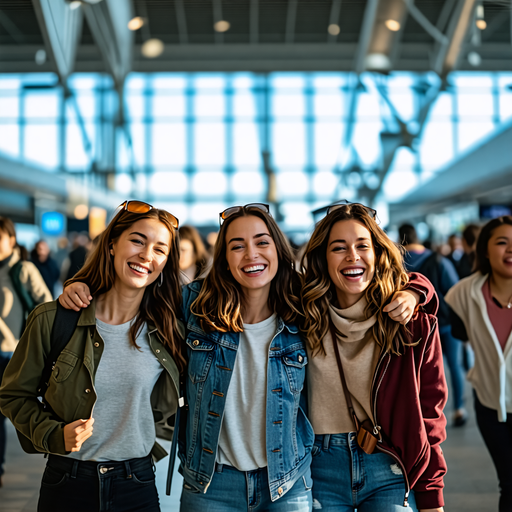 Joyful Journey: Three Friends Embrace the Airport Adventure