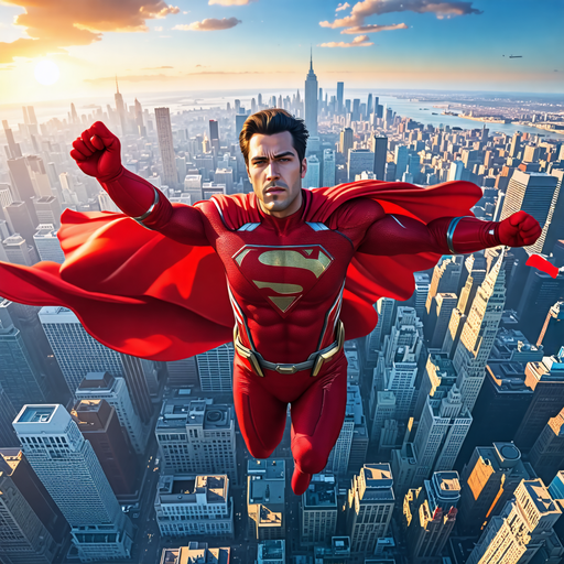 Superman Soars Above the City at Golden Hour