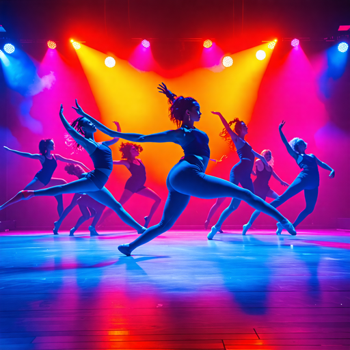 Silhouettes of Energy: Dancers Blaze Under Colorful Spotlights