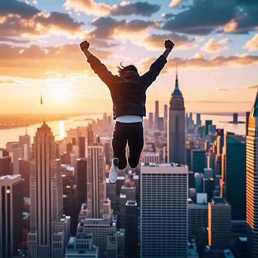 Silhouetted Joy: A Leap of Hope Against the Sunset City