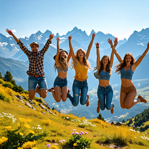 Friends Leap for Joy in Mountain Meadow