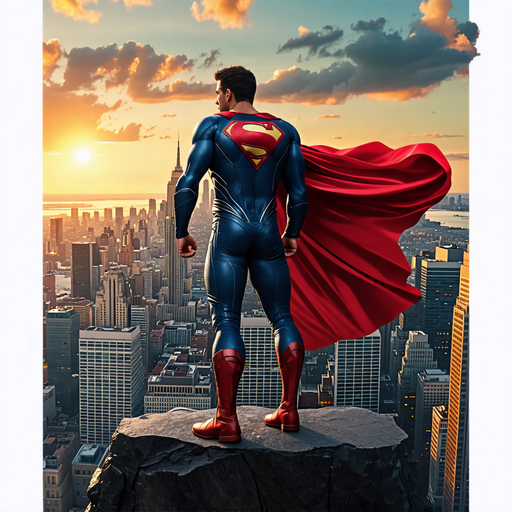 Superman’s Silhouette: A Heroic Sunset Over the City