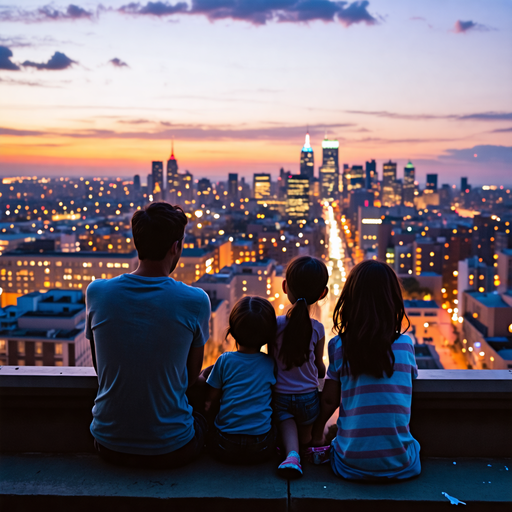 Silhouettes of Hope: A Family’s Moment of Tranquility Against the City Lights