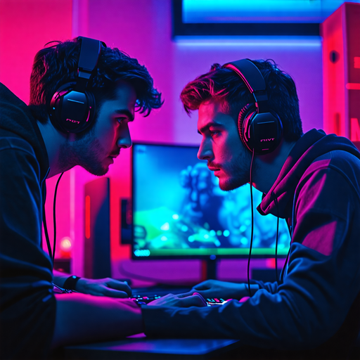 Neon Glow of Competition: Two Gamers Locked in a Battle