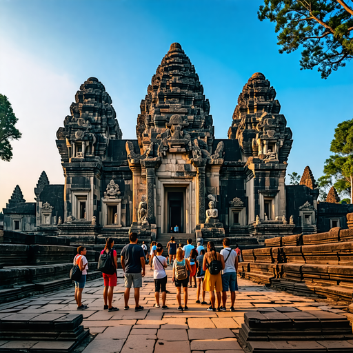 Silhouettes of History: Tourists at Bayon Temple Sunset